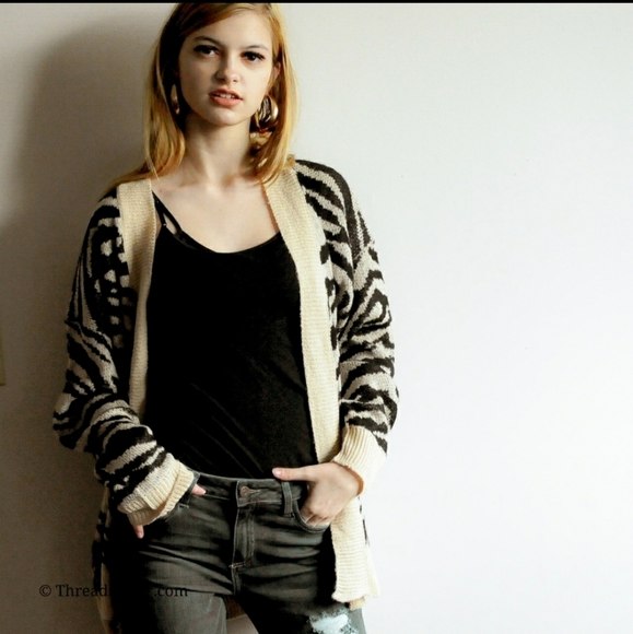 Idem ditto zebra stripe pocket cardigan black tan - Picture 2 of 6